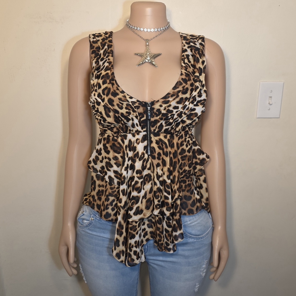 Haute Monde Leopard Print Ruffle Zip Front Tank Top - Brown Black Cream